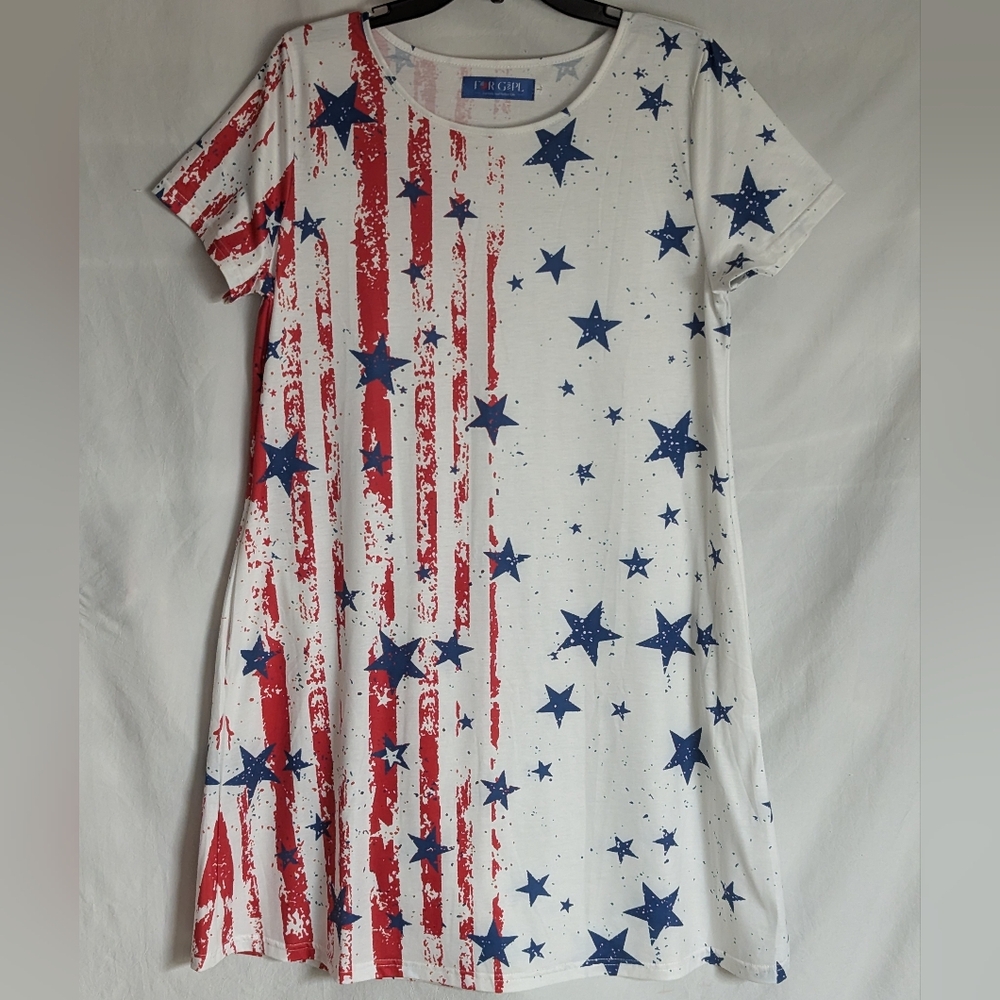 Patriotic Red White And Blue Stars And Stripes Aline Dress Sz L New